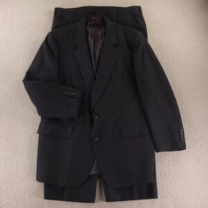 VTG Hart Schaffner Marx Suit 42R M 38x27 Blue Wide Pinstripe Wool Blend Hopsack